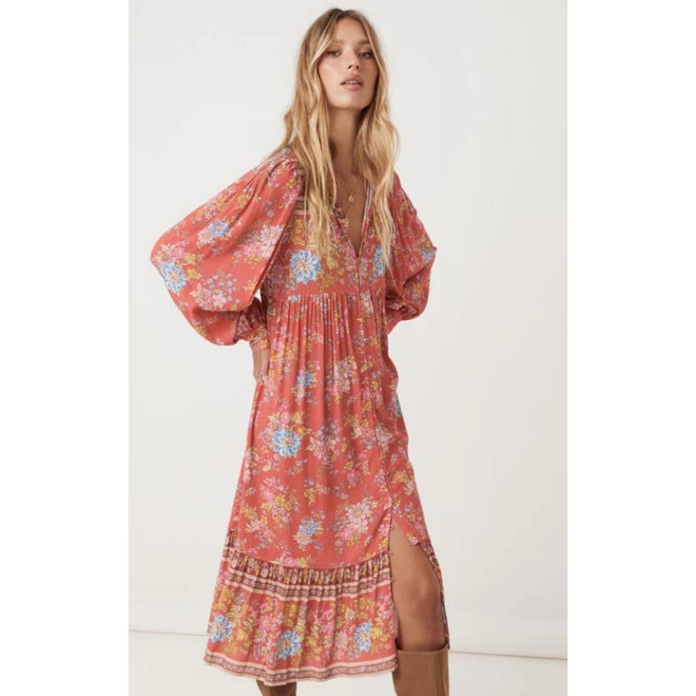Boho Floral Maxi Dress in Coral
